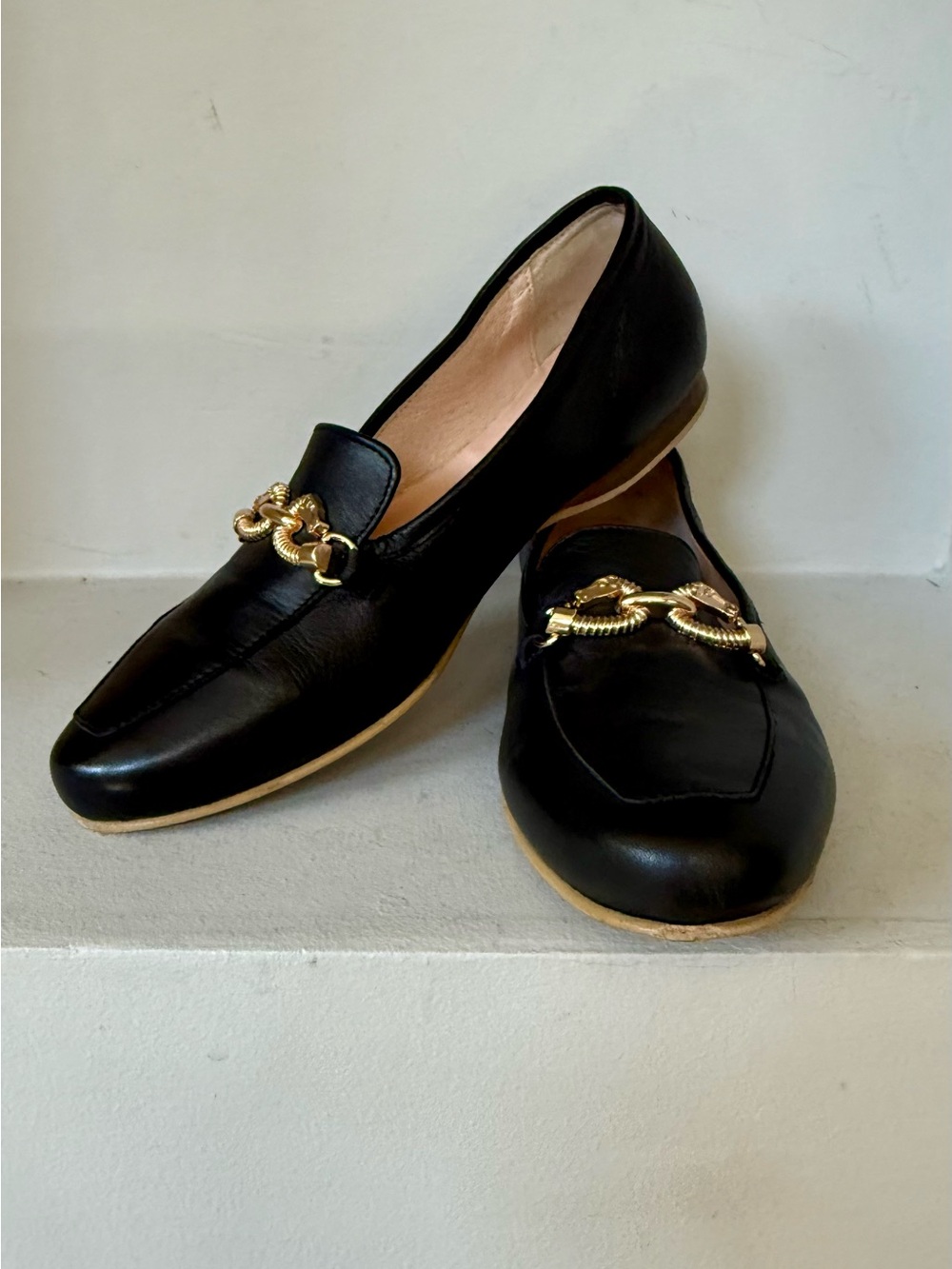 SIMEN Black Leather Horsebit Loafers Gold Equestrian Shoes EU 39 US 8